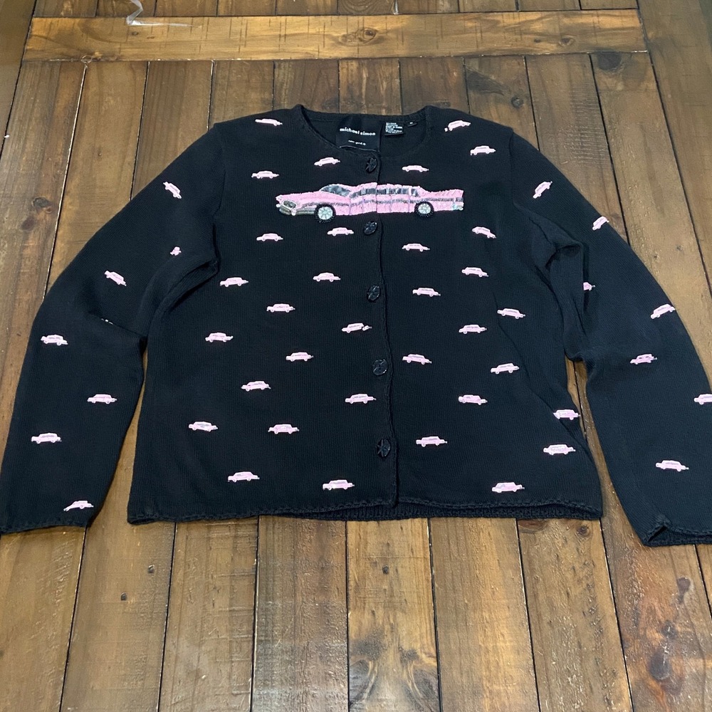 Vintage Michael Simon 2000 Pink Cadillac Limo Cardigan Sweater Beaded Medium M